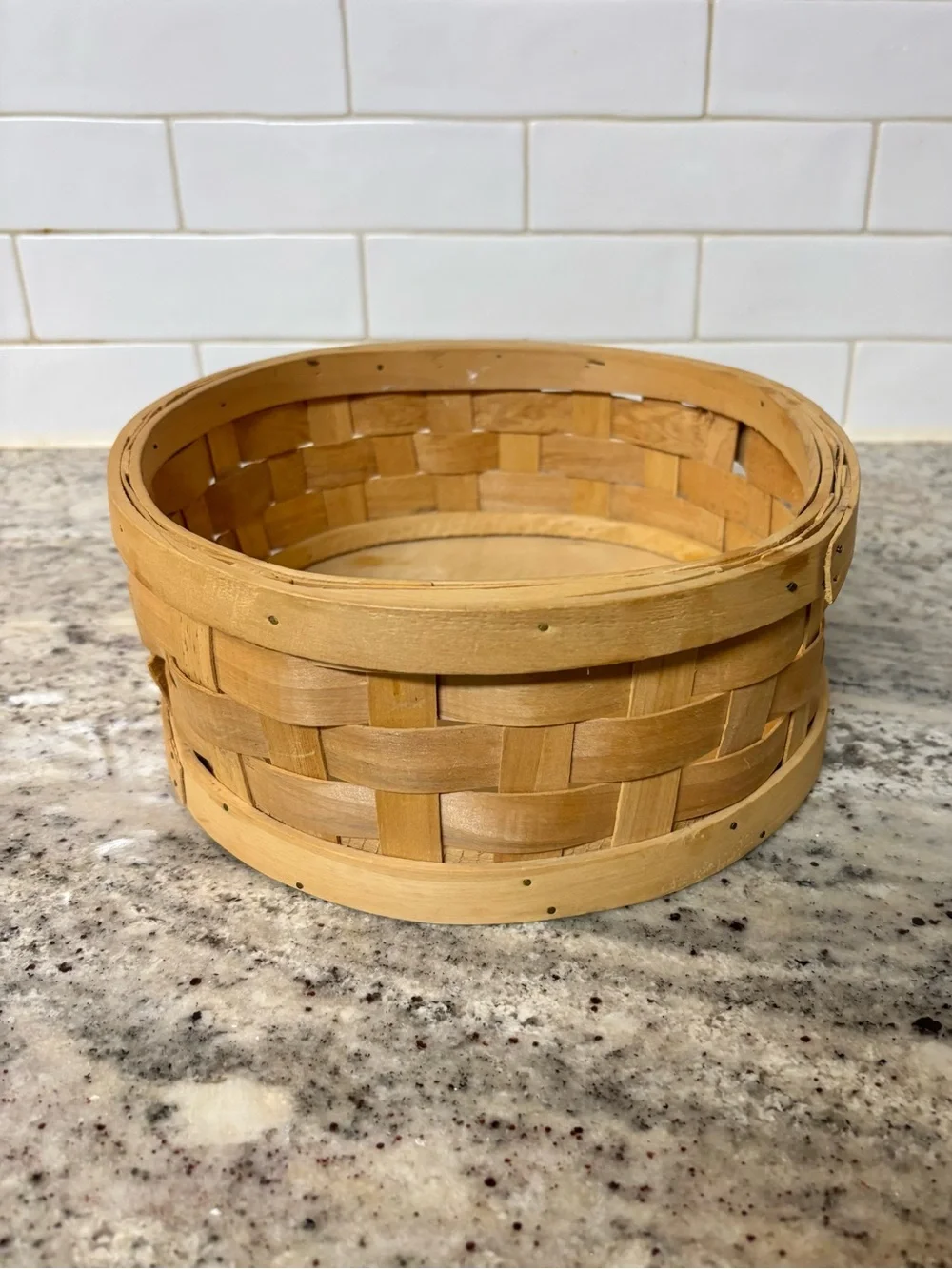 Vintage Round Woven Wood Basket Primitive Farmhouse Decor 10.5”